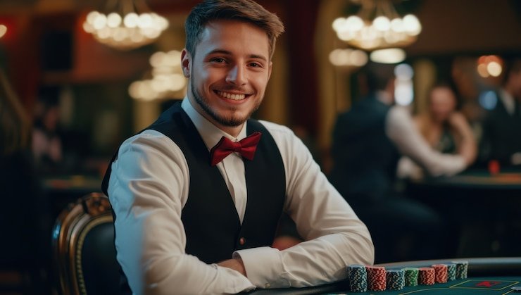 Antarmuka permainan Blackjack livedrawhk dengan dealer langsung dan pilihan aksi pemain